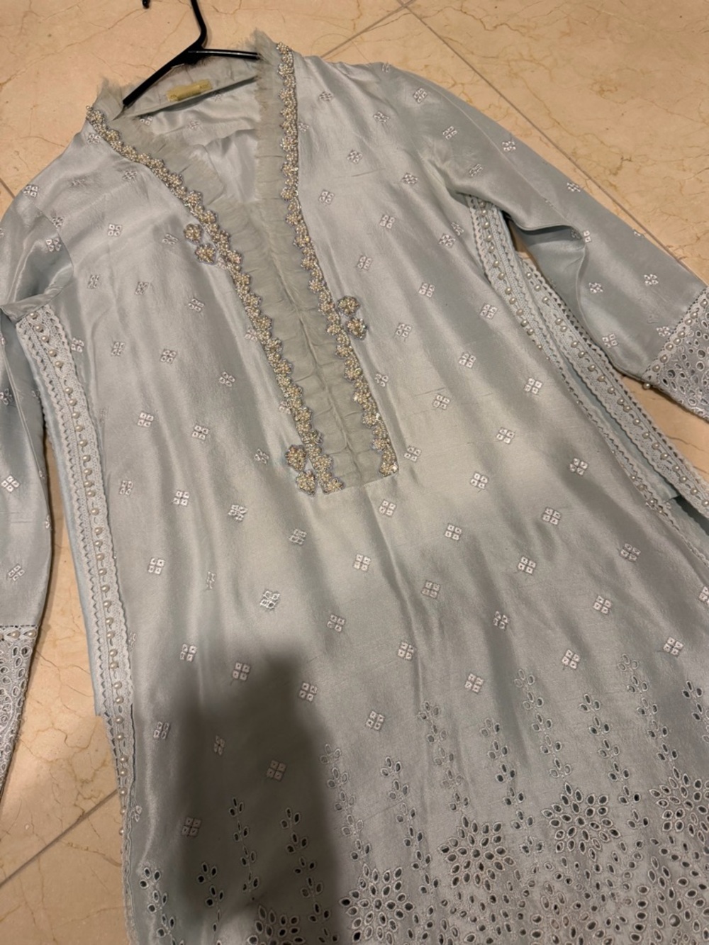 Farah Talib Aziz Daphne Shirt, Trouser and Dupatta in Ice Blue Size Medium - Picture 7 of 9